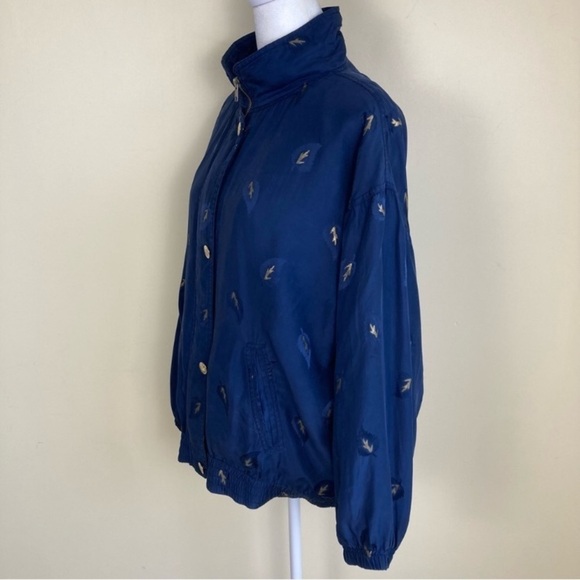 Vintage 90s Silk Bomber Windbreaker Jacket Navy Gold Leaf Print Gorpcore Sz M - Picture 5 of 16